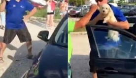 მამაკაცმა მანქანის მინა გატეხა და სიცხეში ჩაკეტილი ძაღლი სიკვდილისგან იხსნა (+ვიდეო)